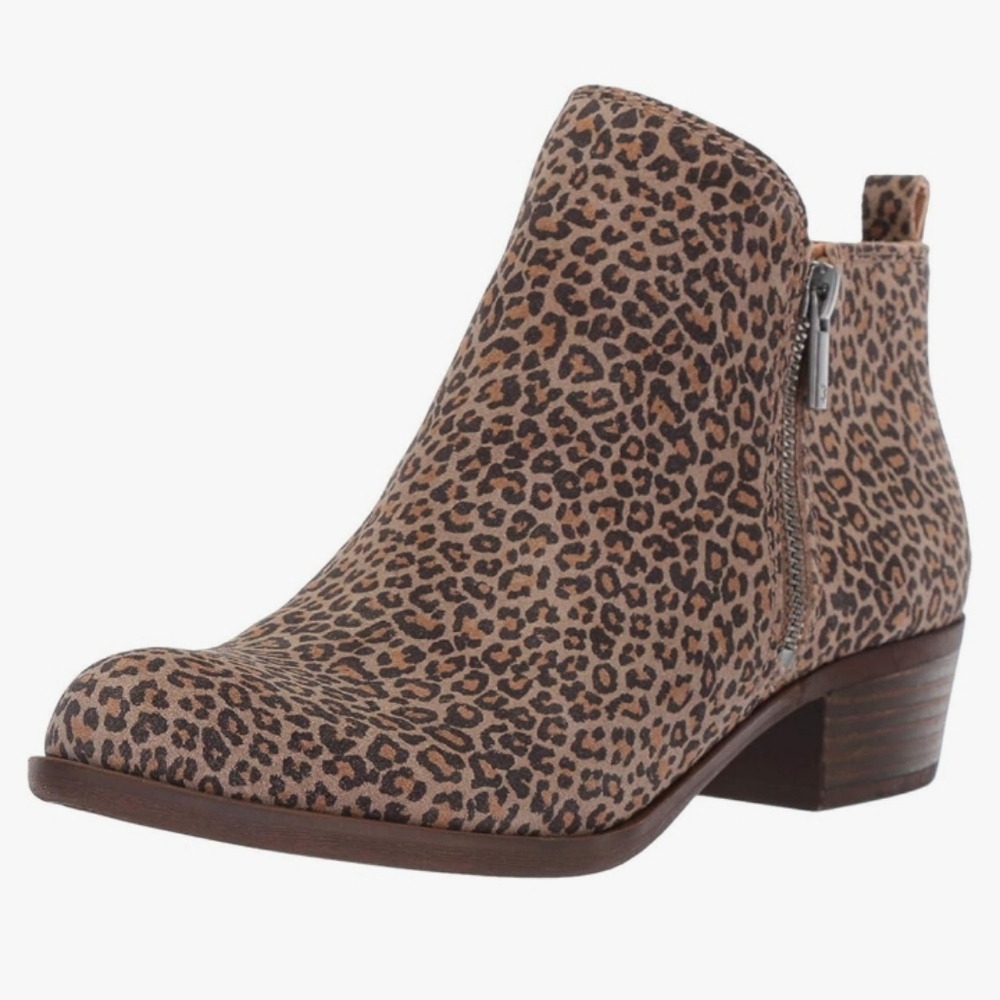 Lucky Brand Basel leopard ankle booties side zip 1.5" heel toffee brown camel 10